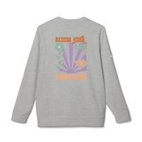Gray Printify sweatshirt with colorful floral graphic and bloom your own way text eco-friendly sweatshirts for men and women