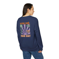 Printify navy sweatshirt with Bloom Your Own Way floral graphic eco-friendly sweatshirts for men and women