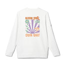 White eco-friendly sweatshirts for men and women with floral graphic and bloom your own way text