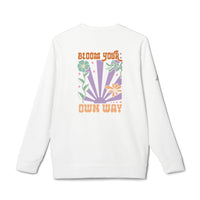 White eco-friendly sweatshirts for men and women with floral graphic and bloom your own way text