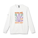 Printify white sweatshirt with colorful floral graphic and Bloom Your Own Way text eco friendly sweatshirts for men and women
