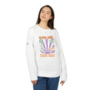 Printify white sweatshirt with colorful Bloom Your Own Way design eco-friendly sweatshirts for men and women