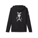 Black Printify eco-friendly unisex hoodie with cartoon dog wearing sunglasses and leather jacket on back