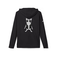 Black Printify eco-friendly unisex hoodie with cartoon dog wearing sunglasses and leather jacket on back