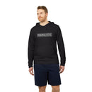 Printify black eco-friendly unisex hoodie with minimalist design worn by male model