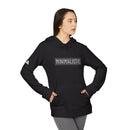 Black eco-friendly unisex hoodie by Printify with minimalistic text print and front pocket