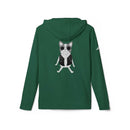 Green Printify eco-friendly unisex hoodie with a graphic of a dog wearing sunglasses and a vest on the back