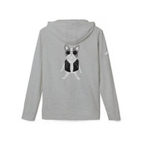 Gray Printify eco-friendly unisex hoodie with a cool dog graphic wearing sunglasses and a leather vest on the back