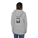 Printify grey eco-friendly unisex hoodie with cool dog graphic on back worn by woman