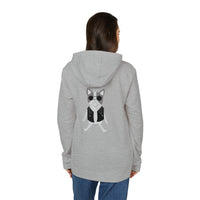 Printify grey eco-friendly unisex hoodie with cool dog graphic on back worn by woman