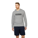 Printify grey eco-friendly unisex hoodie with minimalistic design worn by man in navy shorts