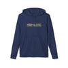 Printify navy blue eco-friendly unisex hoodie with minimalist text design and front pocket