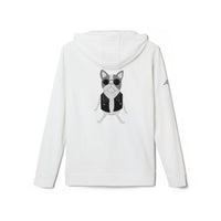 Printify white eco-friendly unisex hoodie with cartoon dog wearing sunglasses and leather vest