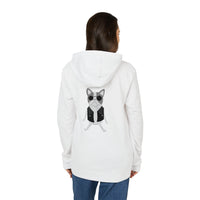 Printify white eco-friendly unisex hoodie with a cool dog graphic on the back worn by a woman