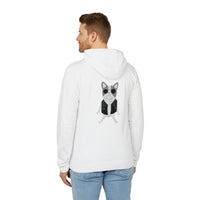 Eco-friendly unisex hoodie from Printify in white with a cool dog graphic wearing sunglasses and a vest