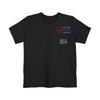 Printify black sustainable pocket t-shirt with America Dreams text and USA flag design on chest pocket