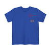 Blue sustainable pocket t-shirt by Printify with USA and America design on front pocket
