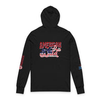 Black Printify American Dad eco-friendly hoodie with patriotic red white and blue design on back and sleeves