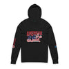 Black American Dad eco-friendly hoodie with patriotic red white and blue graphic print from Printify