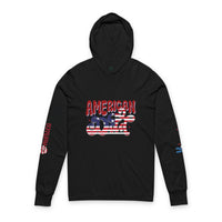 Black American Dad eco-friendly hoodie with patriotic red white and blue graphic print from Printify