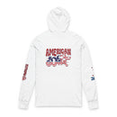 White American Dad eco-friendly hoodie with red and blue patriotic graphic on back and sleeve print