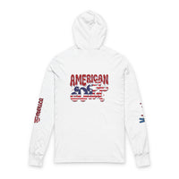 White American Dad eco-friendly hoodie with red and blue patriotic graphic on back and sleeve print