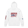 Printify American Dad eco-friendly hoodie in white with patriotic red white blue graphic and long sleeves
