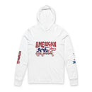 Printify American Dad eco-friendly hoodie in white with patriotic red white blue graphic and long sleeves