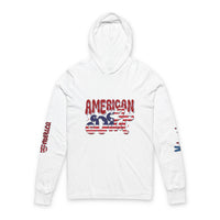 Printify American Dad eco-friendly hoodie in white with patriotic red white blue graphic and long sleeves