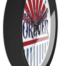 Printify American themed wall clock with patriotic red white and blue design in black frame