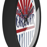 Printify American themed wall clock with patriotic red white and blue design in black frame