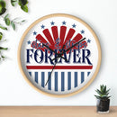 American themed wall clock with stars and stripes design in red white and blue by Printify