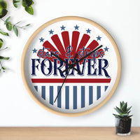 American themed wall clock with stars and stripes design in red white and blue by Printify