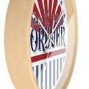 Printify American themed wall clock with natural wood frame and patriotic stars and stripes design