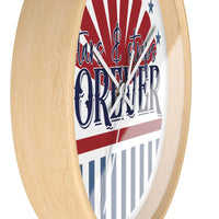 Printify American themed wall clock with natural wood frame and patriotic stars and stripes design