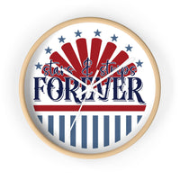 American themed wall clock with stars and stripes design and natural wood frame by Printify