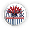 American themed wall clock with stars and stripes design and Forever text in red white and blue colors