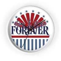 American themed wall clock with stars and stripes design and Forever text in red white and blue colors