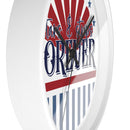 Printify American themed wall clock with patriotic red white and blue design and black hands