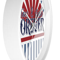 Printify American themed wall clock with red white and blue patriotic design and white frame