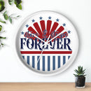American themed wall clock with red white and blue stars stripes and forever design for home decor
