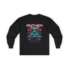 Printify unisex eco-friendly long sleeve tee in black with colorful electronic anthem graphic design