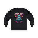 Printify unisex eco-friendly long sleeve tee in black with colorful electronic anthem graphic design