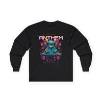 Printify unisex eco-friendly long sleeve tee in black with colorful electronic anthem graphic design