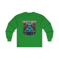 Printify green unisex eco-friendly long sleeve tee with colorful electronic anthem graphic design