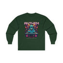 Unisex eco-friendly long sleeve tee in dark green with colorful electronic anthem graphic print