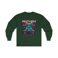 Unisex eco-friendly long sleeve tee in dark green with colorful electronic anthem graphic print