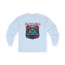Light blue unisex eco-friendly long sleeve tee with colorful electronic anthem graphic design