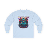 Light blue unisex eco-friendly long sleeve tee with colorful electronic anthem graphic design