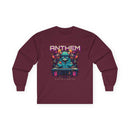 Printify unisex eco-friendly long sleeve tee in maroon with colorful electronic anthem graphic